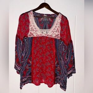 Bila Women XXL Paisley Square‎ Neck Blouse Boho Festive Semi Sheer Bell Sleeve
